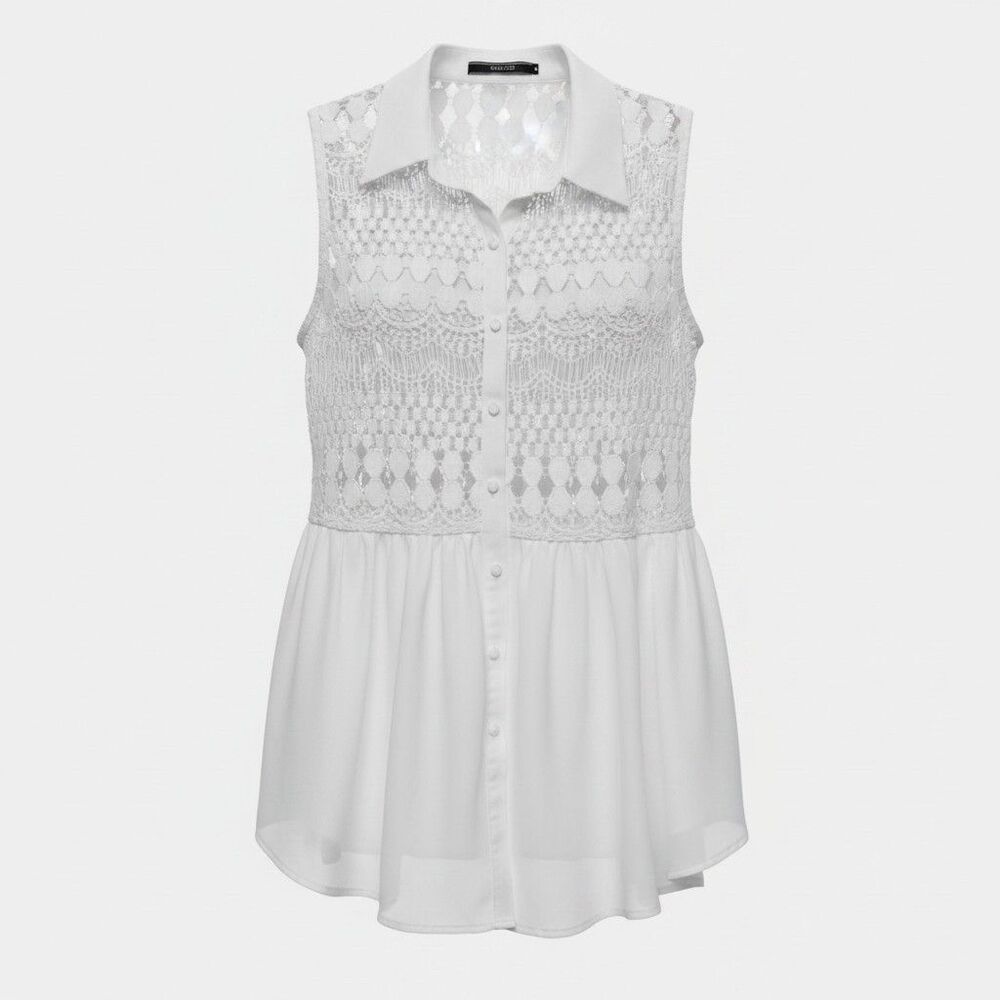 DULCIE Lace Accent Sleeveless Button Front Flowy Peplum Tunic Blouse
